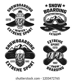 Snowboarding vector emblems, badges, labels or logos with skull, mountains and ski glasses in vintage monochrome style isolated on white background