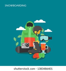 Snowboarding vector flat style design illustration. Snowboard, jacket, helmet, boot, glove, glasses and photo camera. Winter activities Snowboarding equipment for web banner, website page etc.