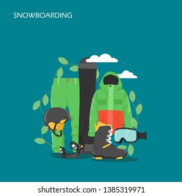 Snowboarding vector flat style design illustration. Snowboard, jacket, pants, helmet, boot, bindings and glasses. Snowboarding clothing, equipment and gear for web banner, website page etc.