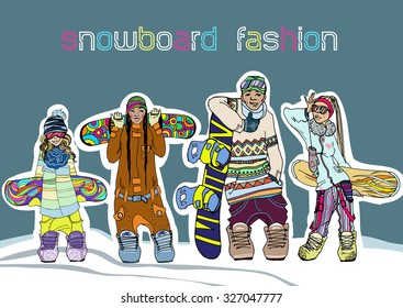 Snowboarding Vector Illustration With Cool Fashion People. Winter.Snowboard Fashion. Suitable For Ads, Signboards, Gift Cards, Price Lists And Brand Identity Design.