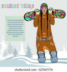 Snowboarding Vector Illustration With Cool Sports Girl. Winter.Snowboard Holidays. Suitable For Ads, Signboards, Gift Cards, Price Lists And Brand Identity Design.