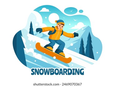 Snowboarding Vector Illustration Featuring People Sliding and Jumping on a Snowy Mountain Slope During Winter, Flat Style Cartoon Background