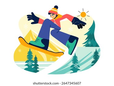 Snowboarding Vector Illustration Featuring People Sliding and Jumping on a Snowy Mountain Slope During Winter in a Flat Style Cartoon Background