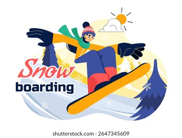 Snowboarding Vector Illustration Featuring People Sliding and Jumping on a Snowy Mountain Slope During Winter in a Flat Style Cartoon Background