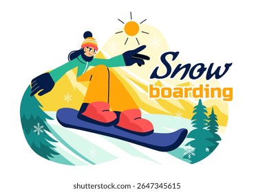 Snowboarding Vector Illustration Featuring People Sliding and Jumping on a Snowy Mountain Slope During Winter in a Flat Style Cartoon Background
