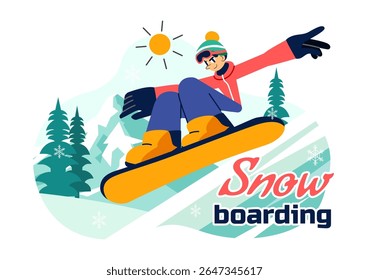 Snowboarding Vector Illustration Featuring People Sliding and Jumping on a Snowy Mountain Slope During Winter in a Flat Style Cartoon Background