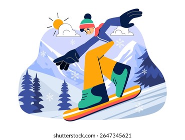 Snowboarding Vector Illustration Featuring People Sliding and Jumping on a Snowy Mountain Slope During Winter in a Flat Style Cartoon Background