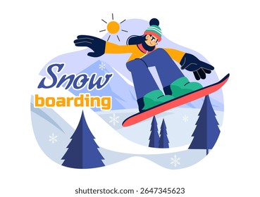 Snowboarding Vector Illustration Featuring People Sliding and Jumping on a Snowy Mountain Slope During Winter in a Flat Style Cartoon Background