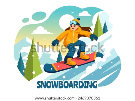 Snowboarding Vector Illustration Featuring People Sliding and Jumping on a Snowy Mountain Slope During Winter, Flat Style Cartoon Background