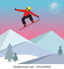 Snowboarding. Vector illustration of sliding snowboarder on snow mountains background. Outdoor sports activity. Colorful flat vector illustration.