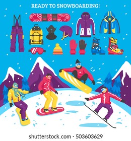 Snowboarding vector illustration with sportsmen figurines and collection of snowboarders equipment clothes and accessories for active winter sport    