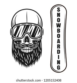 Snowboarding vector objects or design elements with snowboarder skull in ski glasses isolated on white background