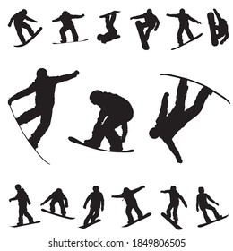 Snowboarding vector. Set of snowboarder silhouette in action. Winter mountain fun