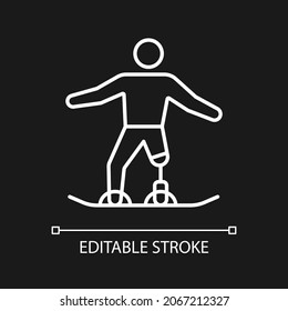 Snowboarding white linear icon for dark theme. Winter sport discipline. Athlete with disability. Thin line customizable illustration. Isolated vector contour symbol for night mode. Editable stroke