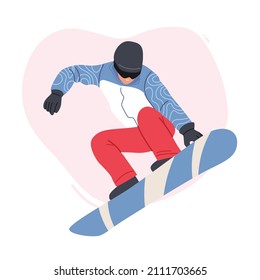 El Snowboard Winter Extreme Sports Activity and Vacation Entertainment. Deportista Adulto Vestido con Ropa de Invierno y Salto Goggles, Haciendo Huellas en la Estación de Esquí de Montaña. Ilustración del vector de dibujos animados