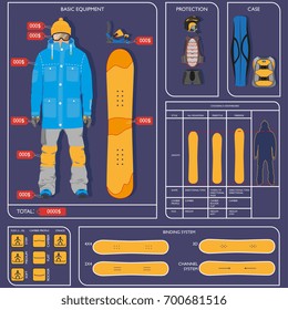 Snowboarding, winter sport infographic, data presentation template design, cartoon vector illustration isolated on dark background. Cartoon vector snowboarding infographics layout, data presentation