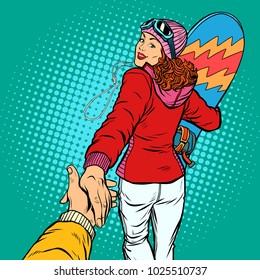 snowboarding woman extreme winter sport. follow me concept, couple love hand leads. Pop art retro vector illustration comic cartoon vector vintage kitsch drawing