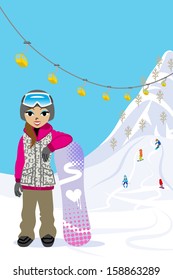 Snowboarding woman, in ski slope