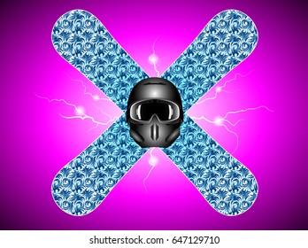 snowboards and protective helmet mask