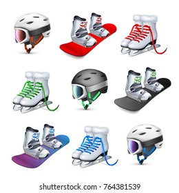 Snowboard,skates and ski helmet with goggles