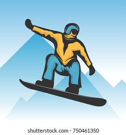 Snowborder color illustration of isolated on mountain background.