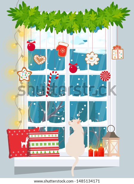 Snowbound Window Decorated Lights Gingerbread Cookies Stock Vector