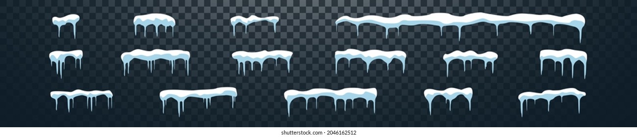 snowcap ice cap snowdrift with icicles template isolated vector set. winter season snow mockup