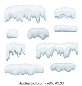 Snow-cap set, ice caps isolated on white background. Snowdrifts, icicles, winter decor elements winter decor. Design for New Year Holiday decoration. Snow caps covering Vector illustration. 