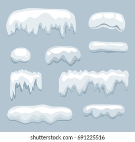 Snow-cap, Snowdrifts, Icicles, Smowflakes. Winter decor elements. Design for Winter decoration. Vector illustration. 