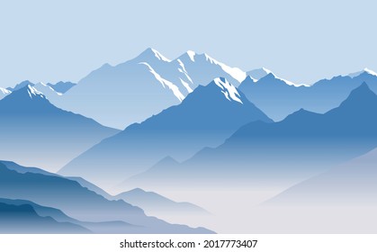 Snow-capped mountain peaks. Great mountain range. Vector image for prints, poster and illustrations.