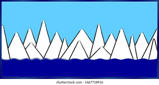 Snow-capped mountain range in the blue ocean against a blue sky