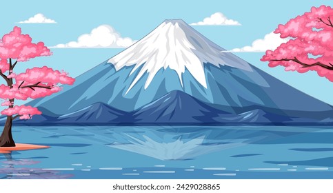 Snow-capped mountain reflected in tranquil lake waters