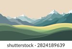 Snow-Capped Mountains Beyond Green Rolling Hills Landscape Illustration