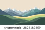 Snow-Capped Mountains Beyond Green Rolling Hills Landscape Illustration