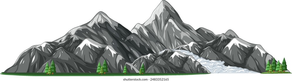 Snow-capped mountains with a cascading waterfall