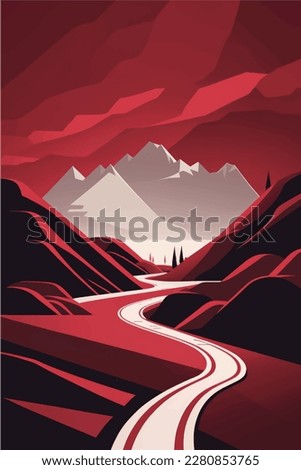 Snow-capped mountains in the distance, winding roads, though far away, are still moving, red and white 
