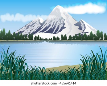 Snow-capped mountains. Mountain landscape with lake. Vector illustration.