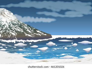 Snow-capped mountains. Mountain landscape with ocean and glaciers . Vector illustration.