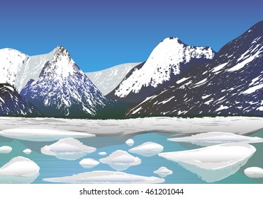 Snow-capped mountains. Mountain landscape with ocean and glaciers . Vector illustration.