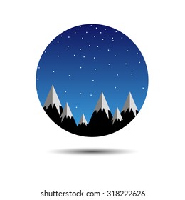 Snow-capped mountains with starry blue sky, flat circular vector scene or icon