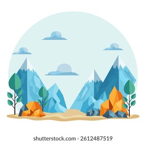 snow-capped mountains with surrounding greenery in a serene setting depicted the composition features towering peaks, scattered clouds, and vegetation vector illustration