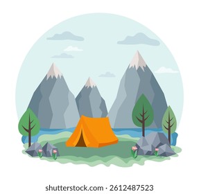 snow-capped mountains with surrounding greenery in a serene setting depicted the composition features towering peaks, scattered clouds, and vegetation vector illustration