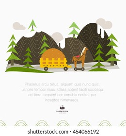 Snow-capped mountains, trees and cart with hay. Vintage illustration in folk art style. Vector