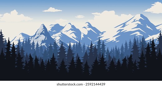 Snow-capped peaks tower over a dense evergreen forest with a clear blue sky and soft clouds in the background. The scene captures the beauty of nature in a tranquil setting.