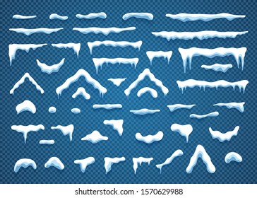 Snowcaps with snowflakes and icicles vector illustration collection. Horizontal and triangle white snow caps with icicle and snowflake isolated on blue background for winter ornament decoration