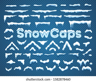 Snowcaps with snowflakes and icicles vector illustration collection. Horizontal and triangle white snow caps with icicle and snowflake decoration SnowCaps label on blue background for winter ornament