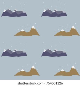 Snow-clad mountains and snowflakes seamless pattern. Blue winter background.