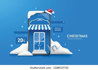 Snow-clad smartphone store and Santa Claus red hats are draped over roof and snow piles behind them and there is promotion hanging banner with 20% discount,vector 3d for delivery and online shopping 