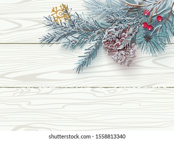Snow-covered blue Christmas tree branch with a cone on background of white wooden boards. Vector illustration