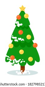 Snow-covered Christmas tree. Isolated snow-covered frosted green fir or pine tree with shiny star shape and christmas ornament on white background. Seasonal holiday attribute vector illustration